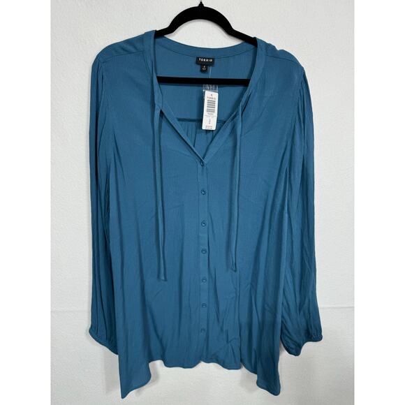 Torrid Blue Crinkle Gauze Button Front Blouse Tie Neck Long Sleeve 4X Blue New - Picture 3 of 8
